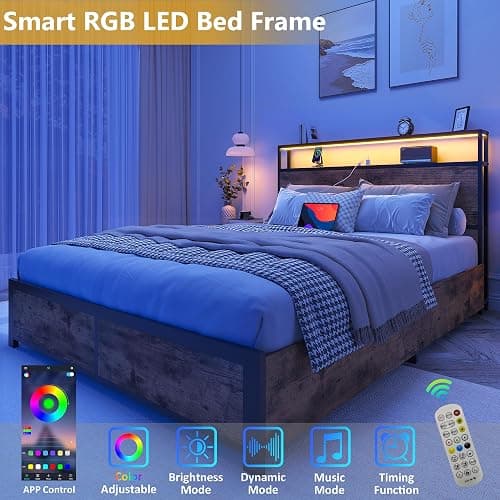 Lifezone Full Bed Frame with 2-Tier Storage Headboard, Metal Platform Bed Frame with 4 Storage Drawers, Built in Charging Station & LED, Noise-Free/Metal Support/No Box Spring Needed, Vintage Brown thumbnail 5