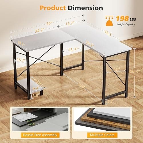 NEWBULIG 49.9 inch L Shaped Desk, Corner Computer Gaming Desk for Small Spaces, Small Desks for Bedroom with Reversible CPU Stand, Home Office Writing Table Bright White thumbnail 3