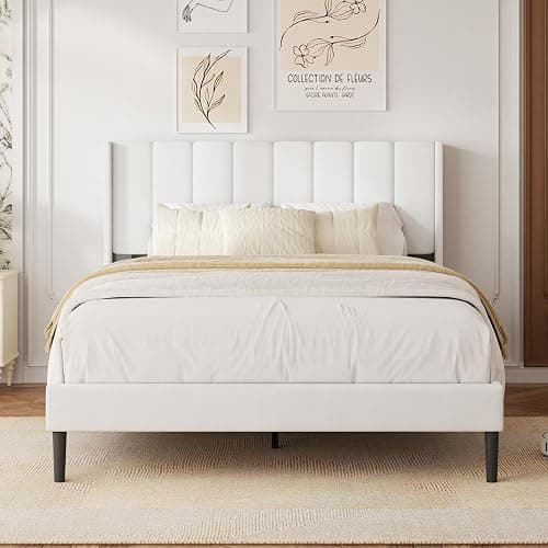 HAOARA Queen Size Velvet Bed Frame with Vertical Chanel Tufted Headboard and Wingback, Upholstered Platform Bed, No Box Spring Needed, Strong Wooden Slats, White - Image 1