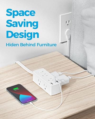 Power Strip Surge Protector, Olcorife Ultra Thin Flat Plug Extension Cord 5ft, 6 Outlets 3 USB Ports(1 USB C), 3 Sided Outlet Extender for Home Office Travel Dorm Room Essentials, White thumbnail 4
