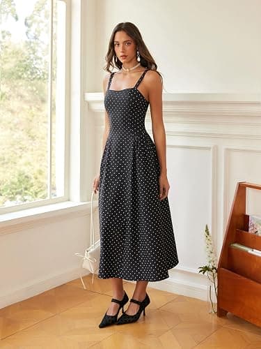 CIDER Womens Polka Dots Summer Casual Dresses Square Neck Sleeveless Midi A Line Elegant Dress thumbnail 4