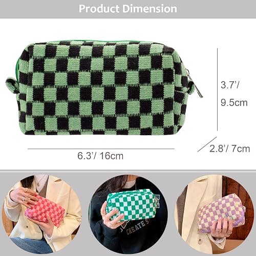 PAZIMIIK Checkered Makeup Bag for Purse Portable Zipper Make Up Pouch Small Cosmetic Case for Travel Accessories (Green Black) thumbnail 3