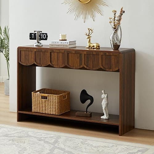Console Table with Drawers, Mid-Century 43 Inches Narrow Entryway Tables with Open Storage Shelves, Hallway Accent Tables Behind Couch Table for Living Room - Walnut - Walnut - Image 1