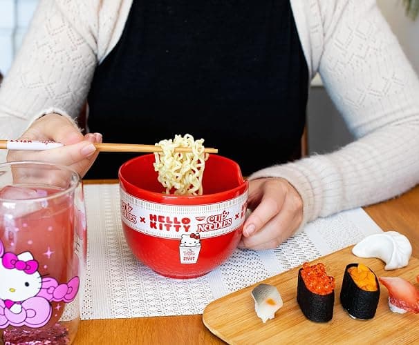 Silver Buffalo Sanrio Hello Kitty x Nissin Cup Noodles Red Ceramic Dinnerware Set | Includes Ramen Noodle Bowl and Wooden Chopsticks thumbnail 6