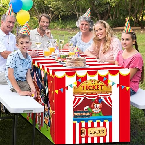 6 FT Carnival Party Table Cover for Kids Circus Tablecloth Carnival Washable Fabric Polyester Rectangle Table Cover Decor Circus Activity Gift for Night Halloween Birthday Movie Party Supply thumbnail 5
