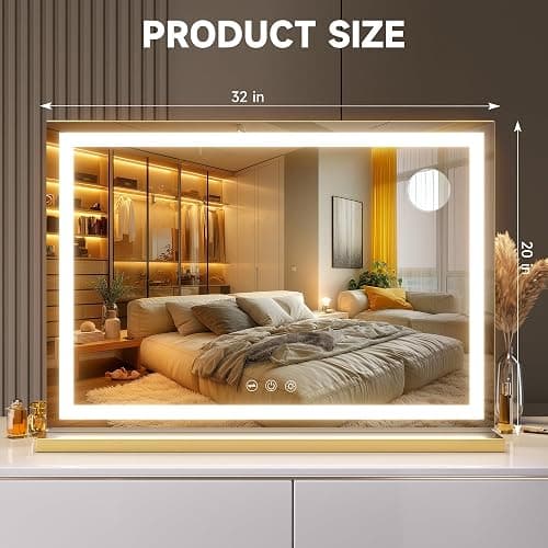 Hasipu Vanity Mirror with Lights, 32" x 20" LED Makeup Mirror, Lighted Makeup Mirror with Dimmable 3 Modes, Touch Screen Control Vanity Mirror Square Gold thumbnail 2