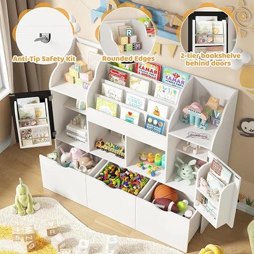 Vabches 47.3'' Kids Bookshelf with Chalkboard, Toy Storage Organizer, 3 Movable Drawers, Boys and Girls Toy Shelf, 4-Tier Children Bookcase for Playroom, Nursery, Bedroom,Living Room (White) thumbnail 3
