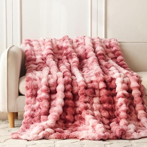COOVA Faux Fur Throw Blanket for Couch, Cozy Soft and Fuzzy Plush Rabbit Fur Bubble Blanket for Sofa Bedroom Living Room, 50x60 Inches Tie Dye Magenta thumbnail 2