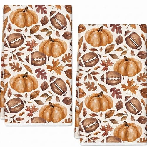 Fall Football Kitchen Towels Set of 2, Pumpkin Leaves, 18 x 26 in | Set of 2 fall kitchen towels with football, pumpkin and maple leaf designs for game day or Thanksgiving decor - Image 1
