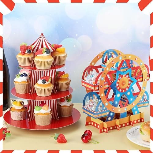 Vesici Set of 4 Carnival Theme Ferris Wheel Centerpieces and Cupcake Stands 3 Tier Cardboard Cupcake Holder for Dessert Displays Birthday Party Decorations thumbnail 2