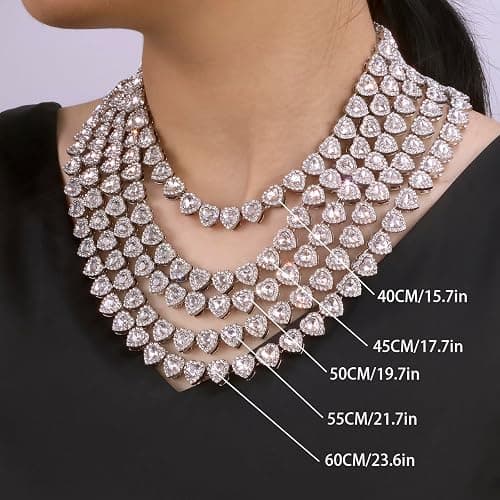 fasone Rhinestone Hearts Necklace, Iced Out Hearts Jewelry，Silver Tennis Necklace For Women，Tennis Necklaces For Women, Heart Tennis Necklace thumbnail 2