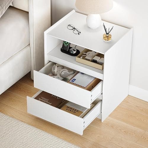FurniXpress 24" Tall White Nightstand with Charging Station, 2 Drawer Modern Bedside Table with Tray Top, USB & Type-C Ports, AC Outlets, and Open Shelf for Bedroom or Living Room thumbnail 5