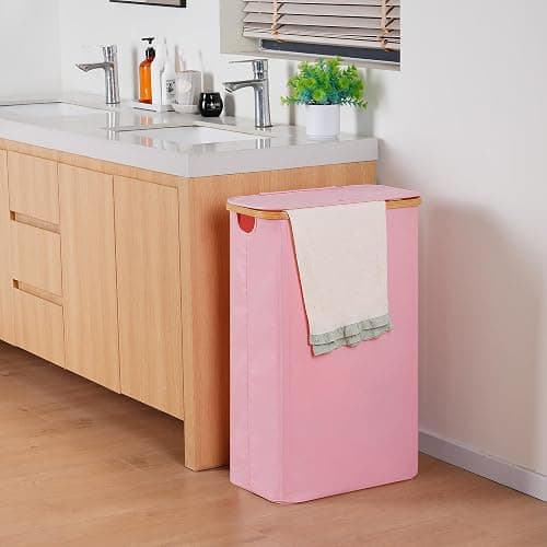 efluky Slim Laundry Basket with Lid, Narrow Laundry Hamper with Removable Bag, Skinny Dirty Clothes Basket with Bamboo Handles for Bathroom, Bedroom & Laundry Room, 75L Pink thumbnail 2