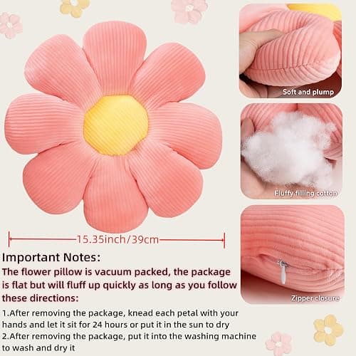2 Pcs Preppy Pillow Flower Throw Pillows for Girls Aesthetic Room Decor Bedding, 15.35" Cute Pink Daisy Flower Shaped Decorative Throw Pillows for Bedroom Bed Couch Classroom (White+Pink, 15.35 Inch) thumbnail 6