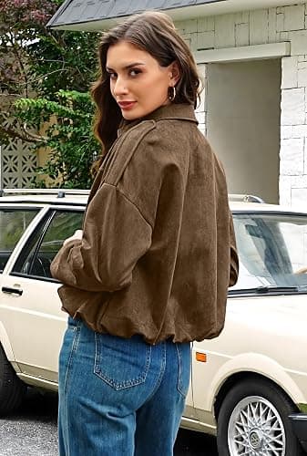 kipfall Womens Faux Suede Jackets Fall Fashion Outfits Coat Winter Clothes Open Front Cropped Jacket thumbnail 4