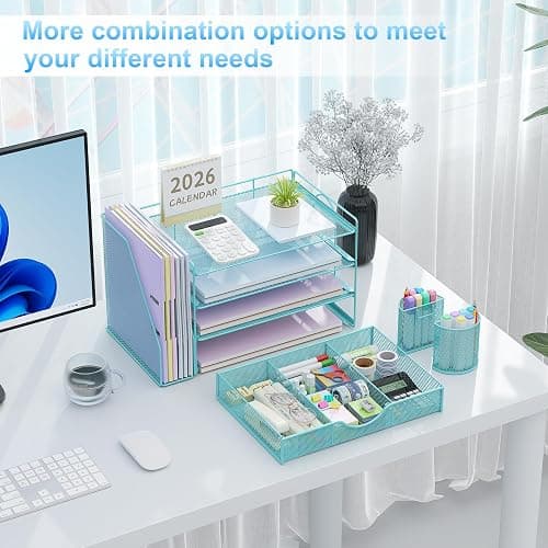 gianotter Desk Organizers and Accessories with File Holder, 4-Tier Desk Accessories & Workspace Organizers with Drawer and 2 Pen Holder, Paper Organizer for Office Supplies (Blue) thumbnail 5