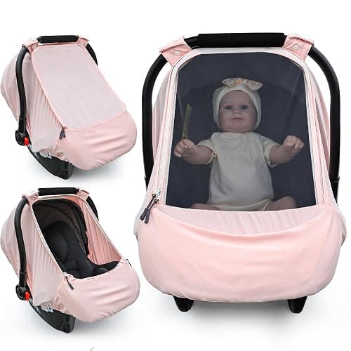 Baby Car Seat Cover,Sunproof Car Seat Canopy for Babies, Extra Large Mesh Window Baby Car Seat Sun Shade Cover, Infant Carseat Covers for Summer/Autumn Use(Pink) - Image 1