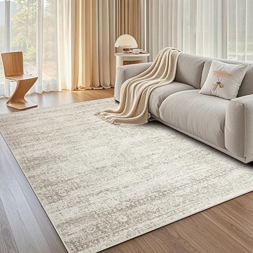 Srugn Washable Area Rug for Living, Bedroom & Dining Room, Ultra Soft Faux Wool Retro Large Carpet, Non-Slip/Shedding Low Pile Vintage Print for Home Office Decor, Beige Ivory Cream Brown Camel, 5x7 - Image 1
