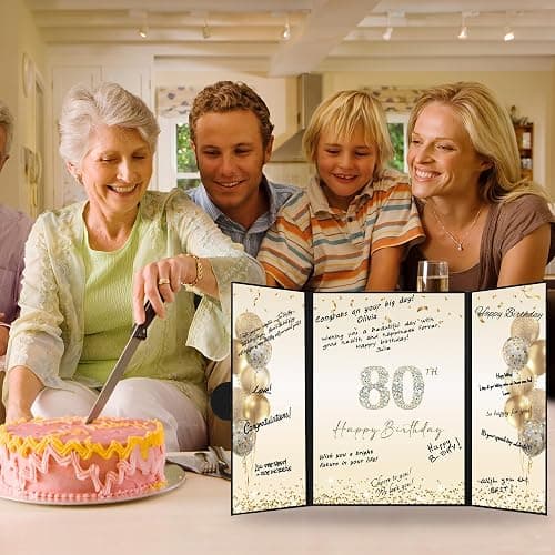 DARUNAXY Black Gold Happy 80th Birthday Alternative Signature Guest Book | 80th Birthday Party Decorations for Men Women Cheers to 80 Years Old Gifts 80 Birthday Signing Card Board Party Supplies thumbnail 6