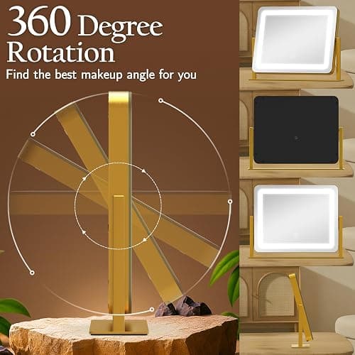ROLOVE Gold Vanity Mirror with Lights 15" x 12", Lighted Makeup Mirror with 10X Magnification, 3 Color Lighting & Dimmable Brightness, Make Up Mirror with Lighting for Bedroom Tabletop thumbnail 6