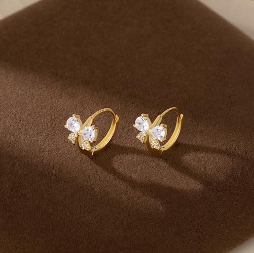 Reffeer Solid 925 Sterling Silver CZ Bow Hoop Earrings for Women Teens Cute Bow Earrings Huggie thumbnail 4