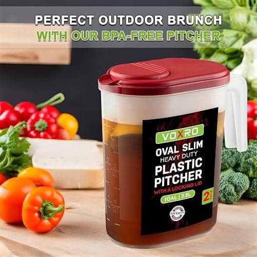 2-Pack Oval Slim Plastic Pitchers With Lids – 1 Gallon, Flip-Top Pivot Spout, Well-Gripped Handle, Water Jug, With Measuring Option, Ideal for Water, Juice & Iced Tea (Blue & Red) BPA Free thumbnail 2