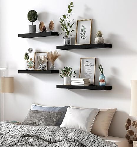 YYWUOJJ Wood Floating Shelves for Wall Decor, Rustic Wall Shelves for Bedroom Bathroom Kitchen Living Room, Set of 6 Black thumbnail 5