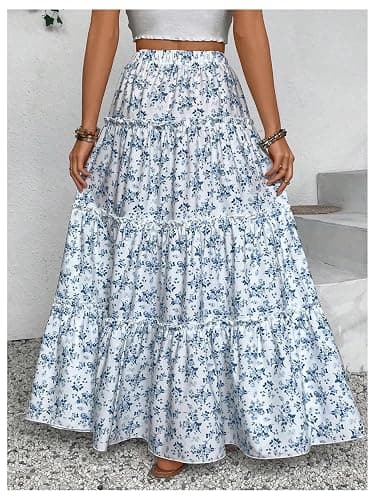Floerns Girl's Floral Maxi Skirt Elastic Waist Tiered Ruffle Hem Summer A Line Skirts thumbnail 2