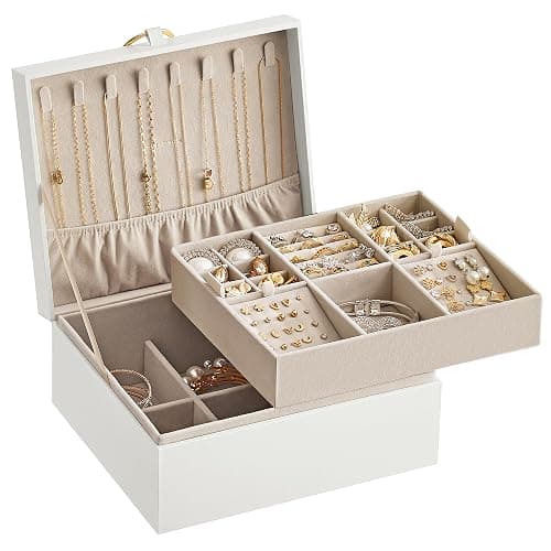 SONGMICS 2-Layer Jewelry Box, Jewelry Organizer with Handle, Removable Jewelry Tray, Jewelry Storage, Floating Effect, 8.1 x 9.4 x 4.3 Inches, Christmas Gift, White UJBC165W01 thumbnail 9