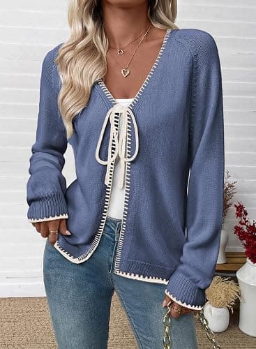 EVALESS Cardigan Sweaters for Women 2026 Trendy Lightweight Knit Fall | Long Sleeve Open Front Bow Tie Sweaters,Fashion Winter Spring Chunky Outerwear,Dressy Casual Work Business Vacation Outfits thumbnail 2