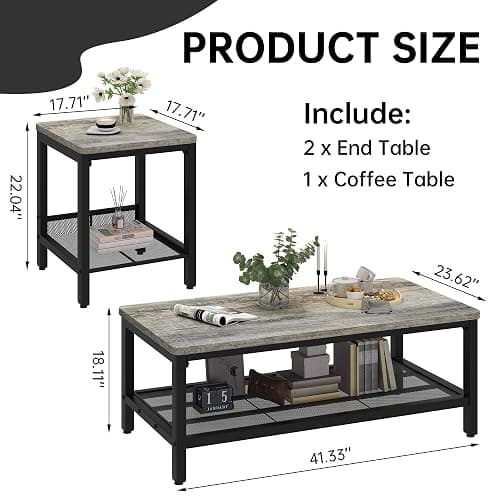 AWQM Coffee Table Set of 3, Industrial Coffee Table with 2 Square End Side Tables, Modern Living Room Table Set with Metal Frame for Apartment Home Office, Grey thumbnail 3