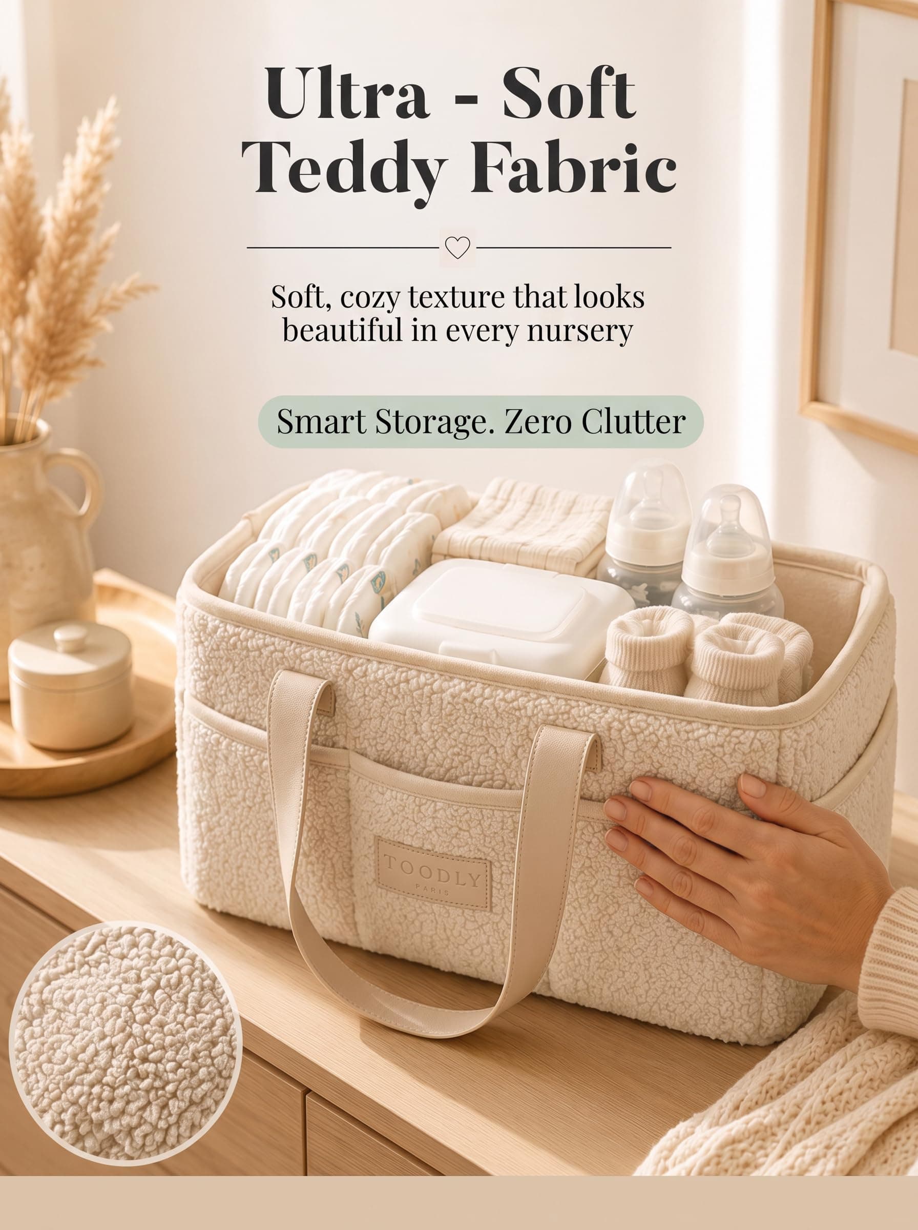 Baby Diaper Caddy Organizer with Portable Changing Mat - Teddy Fleece Diaper Organizer for Changing Table - Baby Basket for Diaper Changing Essentials - Baby Caddy Organizer with Removable Dividers thumbnail 7