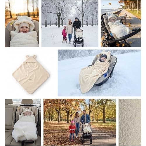 Kuschelige Boucle Einschlagdecke für Babyschale & Kinderwagen – warme Babydecke beidseitig mit Kapuze für Neugeborene – Premium Teddy für den Winter 90×90 cm Hellgrau thumbnail 6
