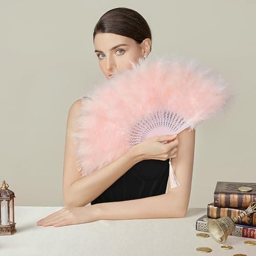 BABEYOND Marabou Feather Fan 20s Vintage Folding Fan Flapper Hand Fan for Costume Dancing Show Tea Party Wedding Decoration (Pink-Pink Rib) thumbnail 3