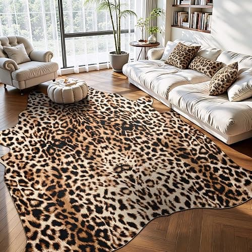 Pettop Luxury Faux Leopard Print Rug 4.6x5.2 Ft - Western Cheetah Area Rugs for Living Room, Bedroom, Farmhouse - Premium Western Faux Fur Carpet, Non-Slip Animal Hide Throw Rugs, Dark Brown - Image 1