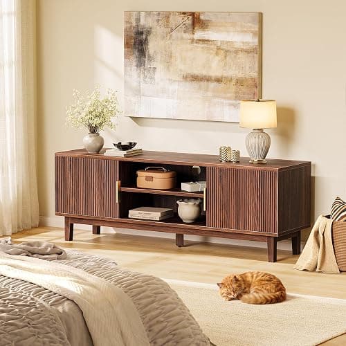 PRAISUN 54 Inch Fluted TV Stand for TVs Up to 55, 60 Inch, Mid Century Modern Entertainment Center with Storage, TV Console with Adjustable Shelves, Midea Console for Living Room Bedroom, Brown thumbnail 9