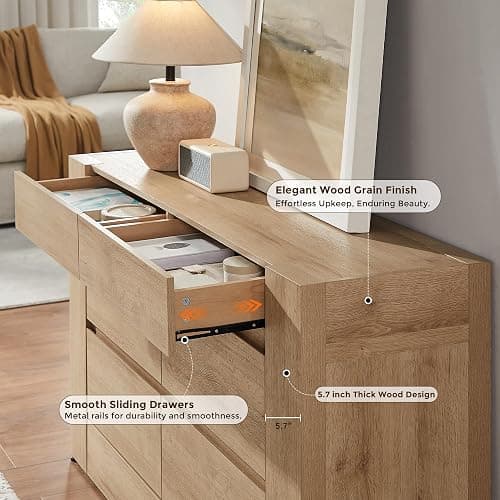 OKD Modern 6 Drawer Dresser with Handle-Free Hidden Drawers, Natural Oak | 54" Wide Bedroom Dresser, Thick Wood Design, Dressers TV Stand, Storage Organizer for Living Room thumbnail 5