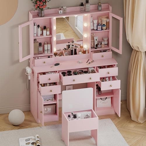 HUANLEGO Vanity Desk with Mirror and Lights, Pink Vanity Mirror with Lights Desk and Chair &7 Drawers, Cabinets Makeup Vanity Table with with Stool for Bedroom 3 Lights Mode and Brightness Adjusted - Pink - 43.7x15.6x57.3 in thumbnail 4