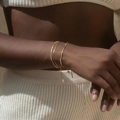 Gold Chain Bracelet for Women Men Trendy - 14K Gold Plated Bracelet Dainty Gold Snake Link Bracelet Stack Simple Jewelry Chain Set Adjustable Bracelet Accessories for Dad Husband 3 Pcs thumbnail 7