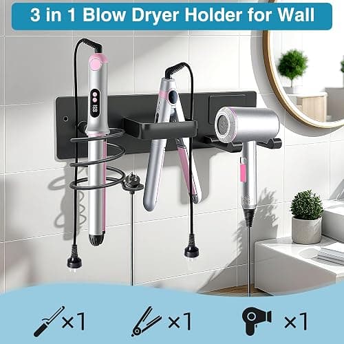Dovyn Hair Dryer Holder Curling Iron Holder 3 in 1 Blow Dryer Holder for Wall Curling Iron Holder Wall Mount Flat Holder (Black) thumbnail 7