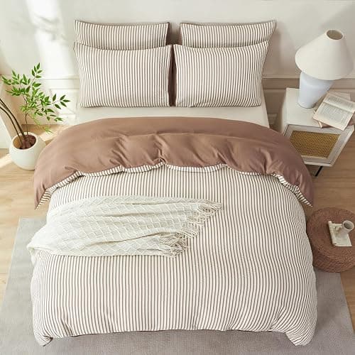 BUPIRD Mocha Brown Comforter Set King Striped Soft Washed Microfiber Jacquard 3 Pieces Striped Bedding Sets Mocha Brown White Comforter for All Seasons and 2 Pillowcases Comfort Breathable thumbnail 4