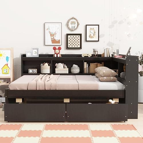 SEHAONOHOME Full Size Wood Daybed with Two Drawers and Storage Bookcases, Multifunctional Sofa Bed with Power Outlets and USB Charging Ports, Espresso - Espresso With Drawer - Full thumbnail 7