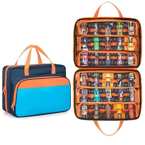 CURMIO Monster Trucks Carrying Case Compatible with Monster Jam, Monster Truck Bag Holding 34 1:64 Scale Toy Cars, Navy-Orange - Image 1