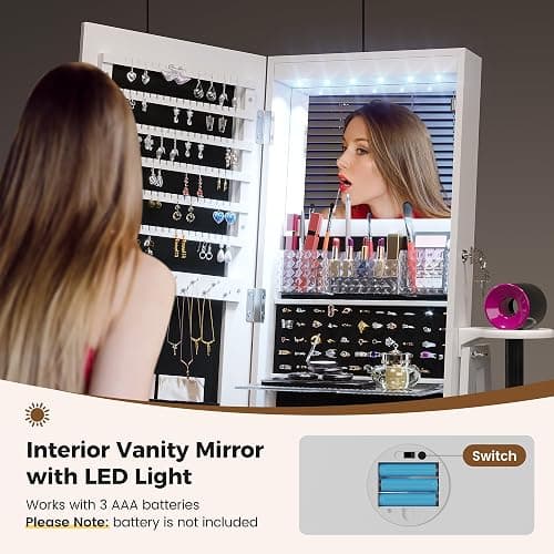 HWB Jewelry Cabinet with LED Mirror, 360° Swivel & Remote Control, White | Remote-controlled RGB LED Lighting, Spacious Storage with Shelves and Drawer thumbnail 3