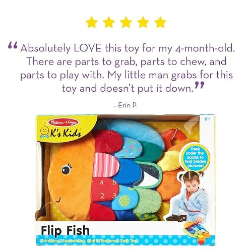 Melissa & Doug K’s Kids, Flip Fish Stuffed Animal, Soft Baby Book, Multi-Textured Squeaking & Crinkling Infant Sensory Toys for Babies with Baby Mirror, Tummy Time Toys for Infants Ages 0–9 Months thumbnail 9