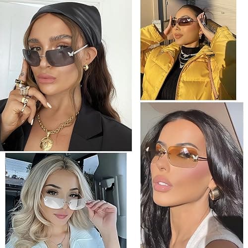 knliwkm Rimless Rectangle Y2k Sunglasses for Women Men Cute Small Clear Frameless Tinted Lens 2000S Fashion Shades Butterfly - Silver, Gradient Pink thumbnail 3