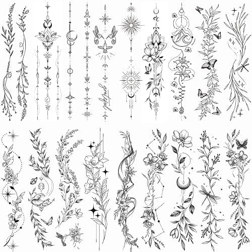 Tazimi Temporary Tattoos For Women Girls-24 Sheets Branch Flower Leaf Wild Plants Sketch Realistic Long-lasting Tattoo Stickers Waterproof Tattoo Sets for Arm Collarbone Leg Backbone Body Art - Image 1
