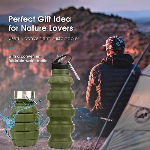 YARO Collapsible Water Bottles, 20oz Water Bottle with 2 Lids and Carabiner, Green Travel Water Bottle, Silicone Water Bottle BPA-Free, Slim Foldable Hiking Bottle thumbnail 7