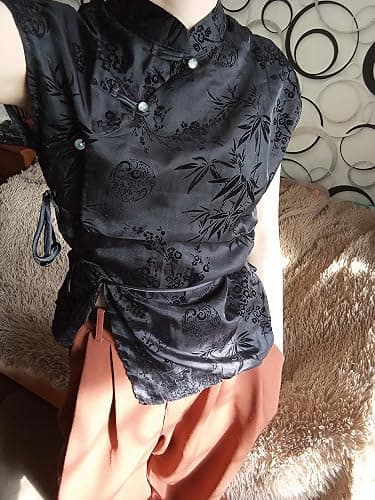 Women's Retro Chinese Style Cheongsam Top Summer Black Jacquard Short Sleeve Button Blouse T-Shirt thumbnail 7