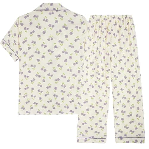 Vopmocld Big Girls Button Down Sleepwear Short Sleeve top & Pants 2PCS Crepe Pajama Sets Soft Lapel Shirt Loungewear - 18 - Purple Floral thumbnail 2